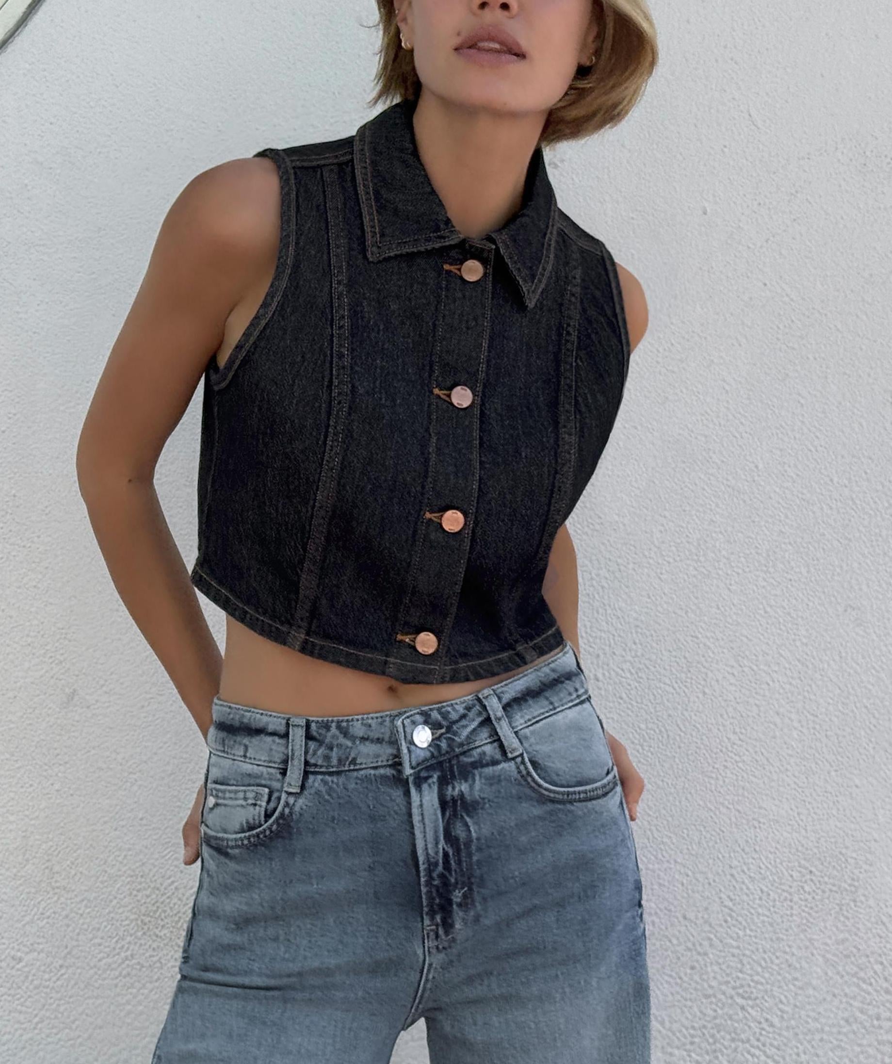 Spring Women Clothing Collared Sleeveless Denim Vest Skirt