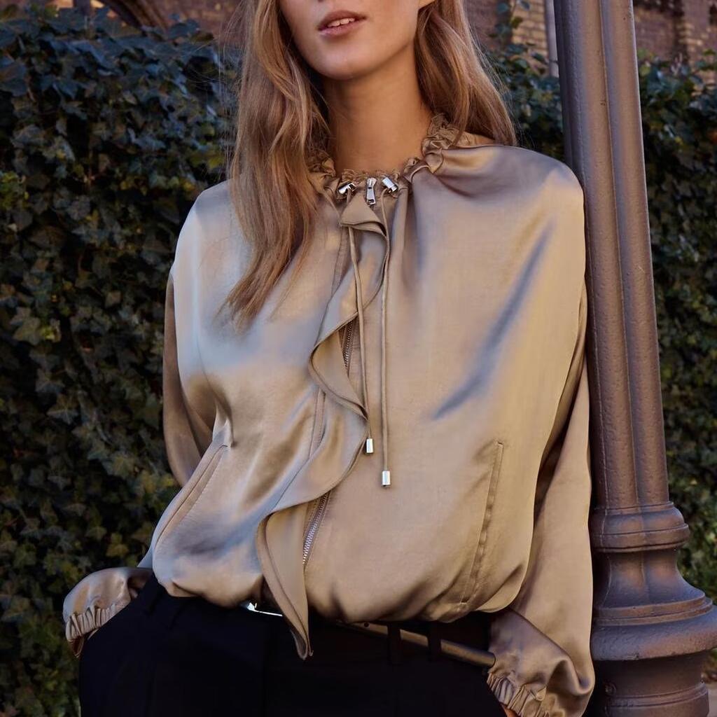 Spring Summer Women Casual Laminated Decoration Silk Satin Texture Jacket