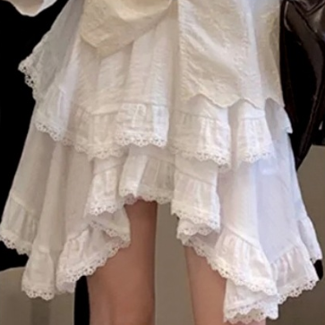 White Irregular Asymmetric Tiered Dress Skirt Women High Waist Lace Puff Short Skirt Small Umbrella Skirt