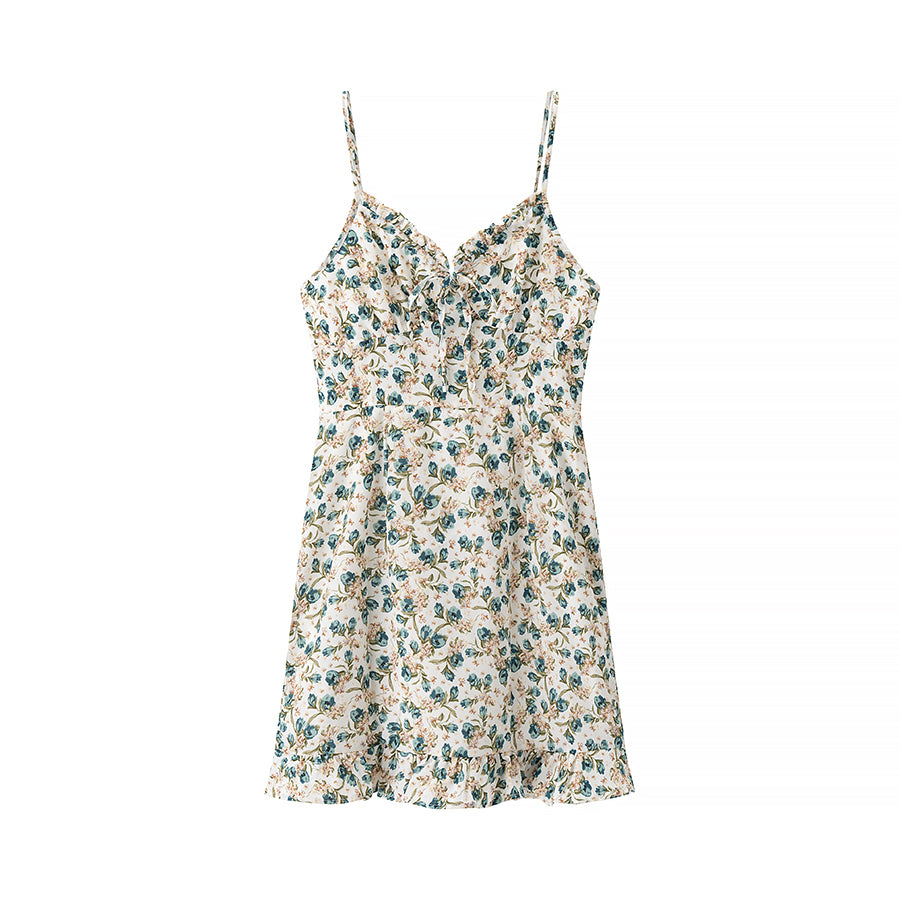 Spring Summer Women Sexy Small Floral V neck Sleeveless Sling Dress