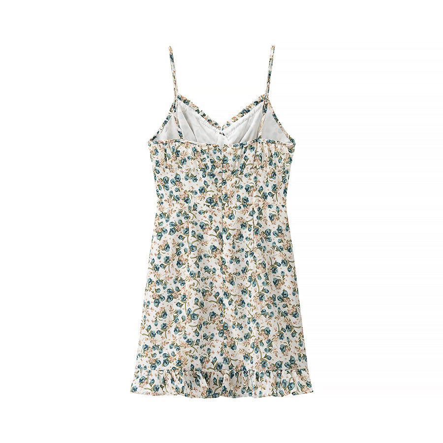 Spring Summer Women Sexy Small Floral V neck Sleeveless Sling Dress