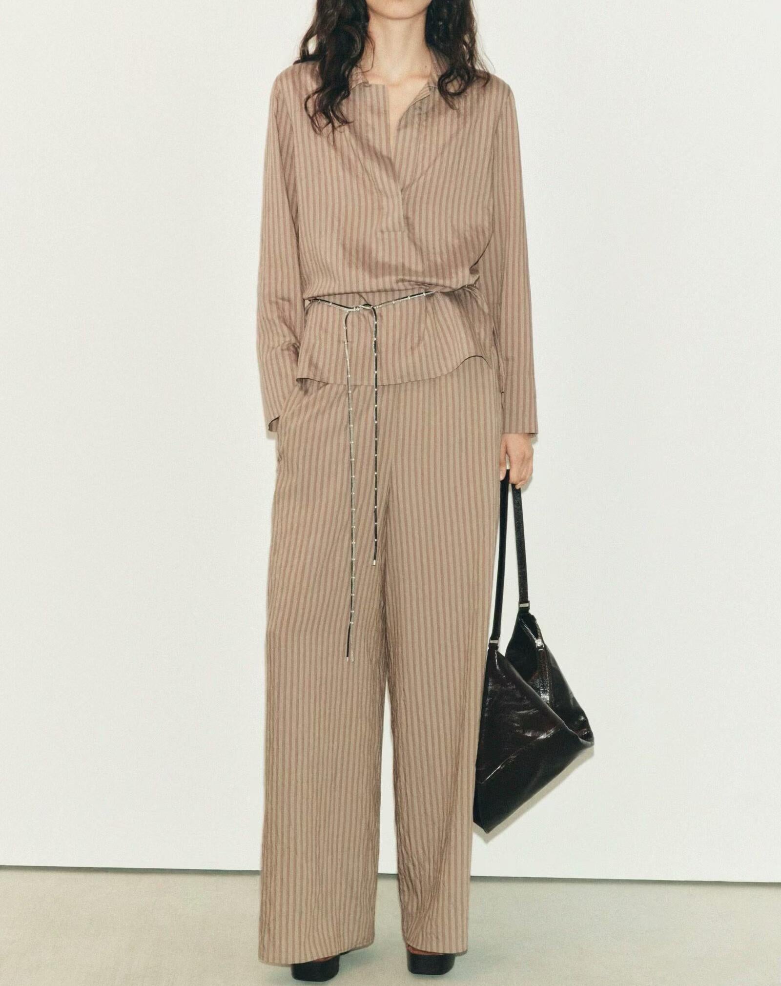 Women Clothing Spring Long Sleeve Loose Striped Shirt High Waist Wide Leg Pants
