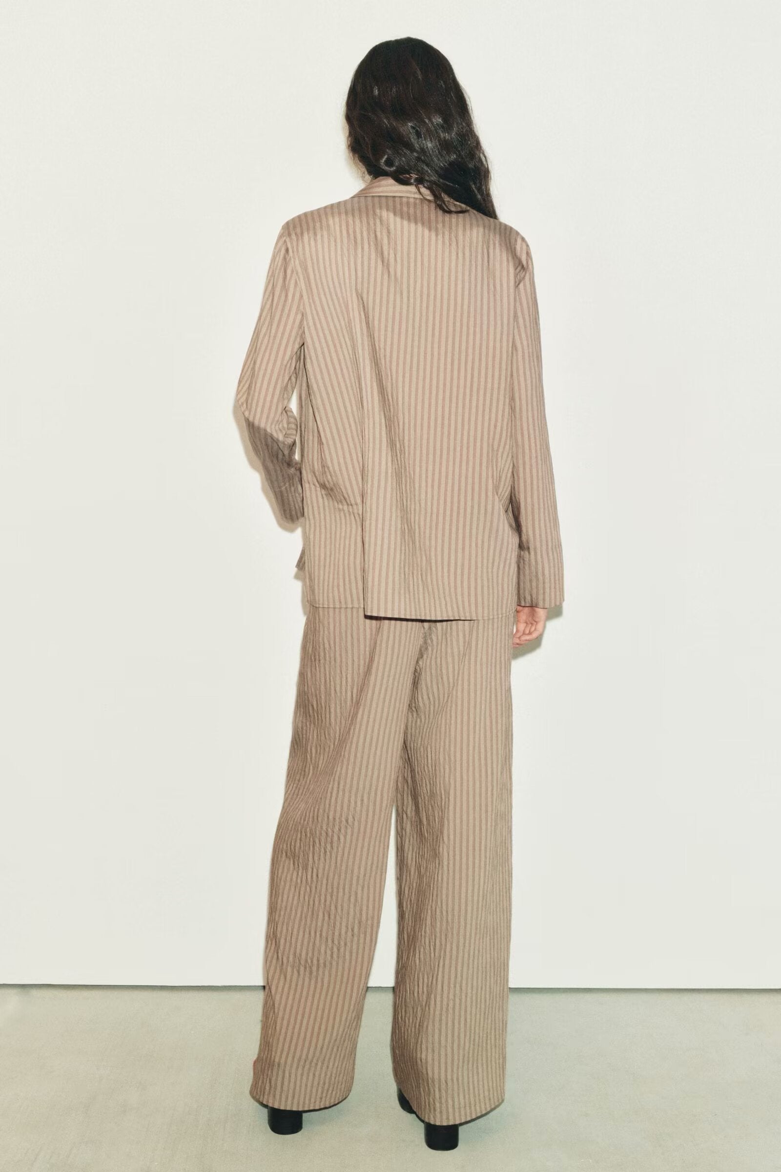 Women Clothing Spring Long Sleeve Loose Striped Shirt High Waist Wide Leg Pants