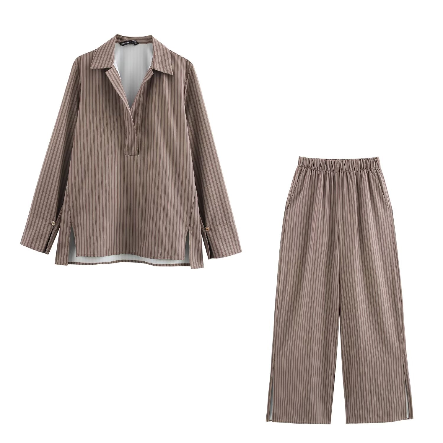 Women Clothing Spring Long Sleeve Loose Striped Shirt High Waist Wide Leg Pants