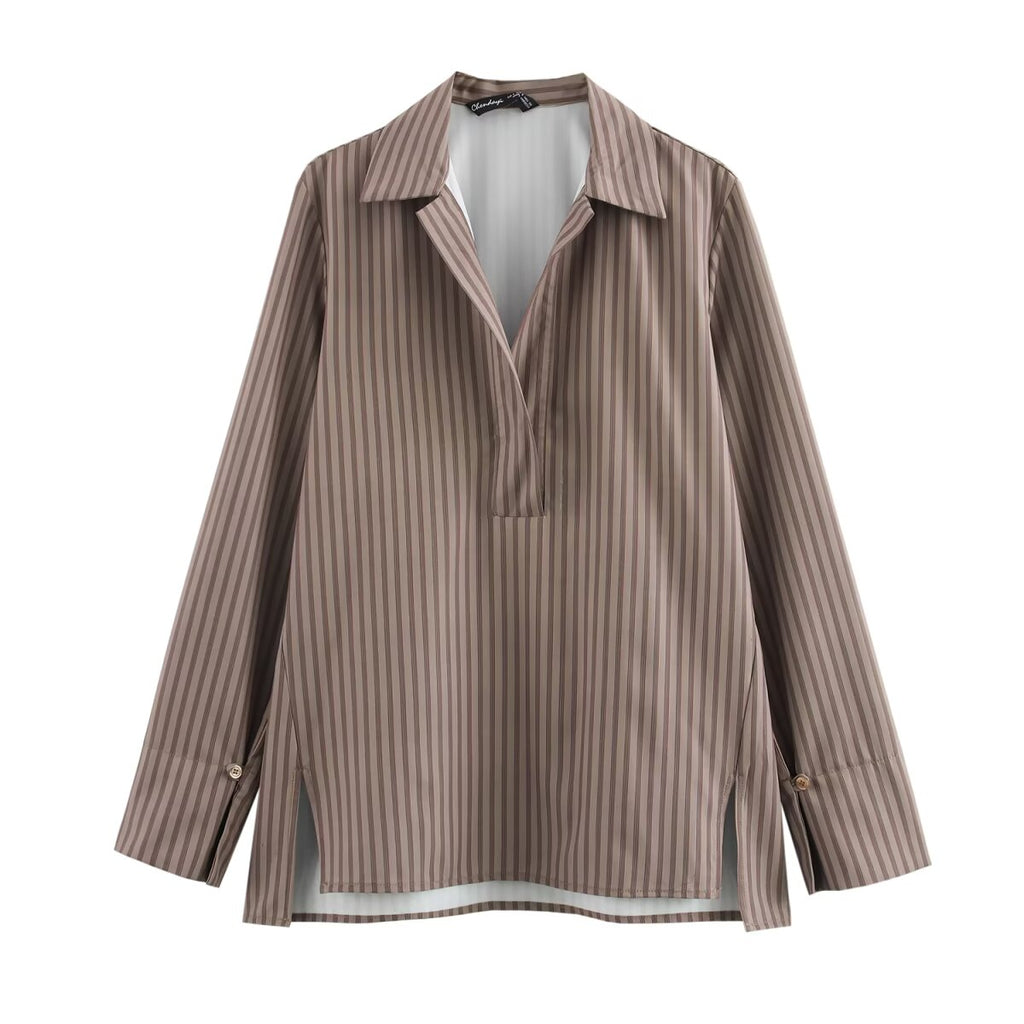 Women Clothing Spring Long Sleeve Loose Striped Shirt High Waist Wide Leg Pants