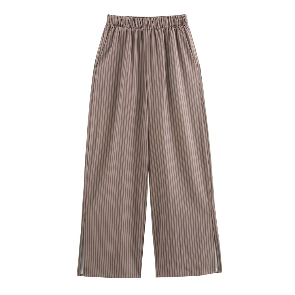 Women Clothing Spring Long Sleeve Loose Striped Shirt High Waist Wide Leg Pants