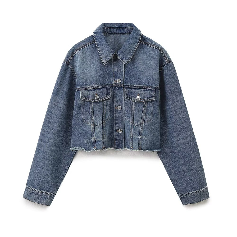 Autumn Winter Retro Collared Single Breasted Short Denim Jacket