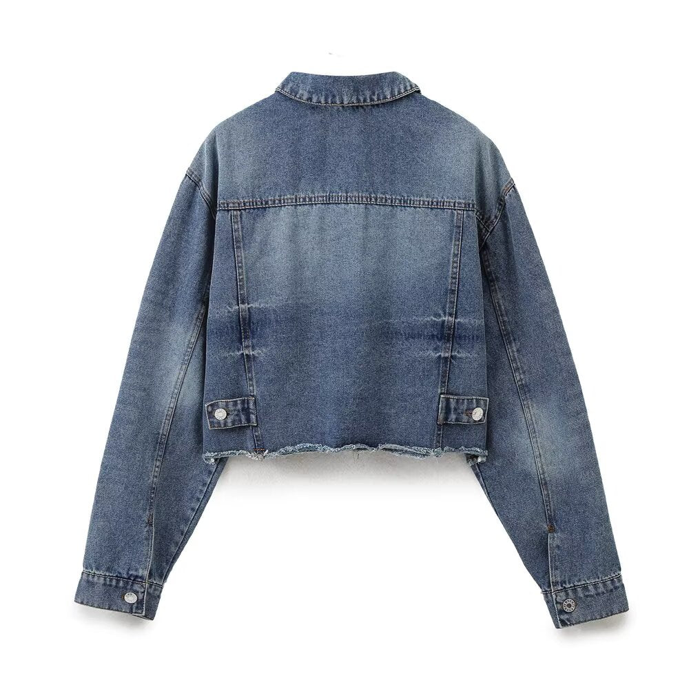 Autumn Winter Retro Collared Single Breasted Short Denim Jacket
