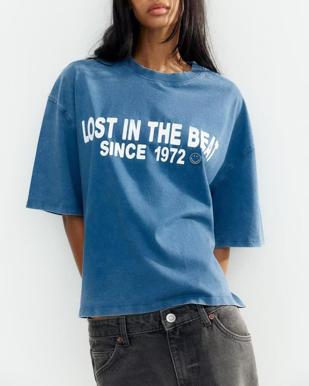 Spring Summer Women Casual Loose round Neck Printed Short Sleeved T shirt