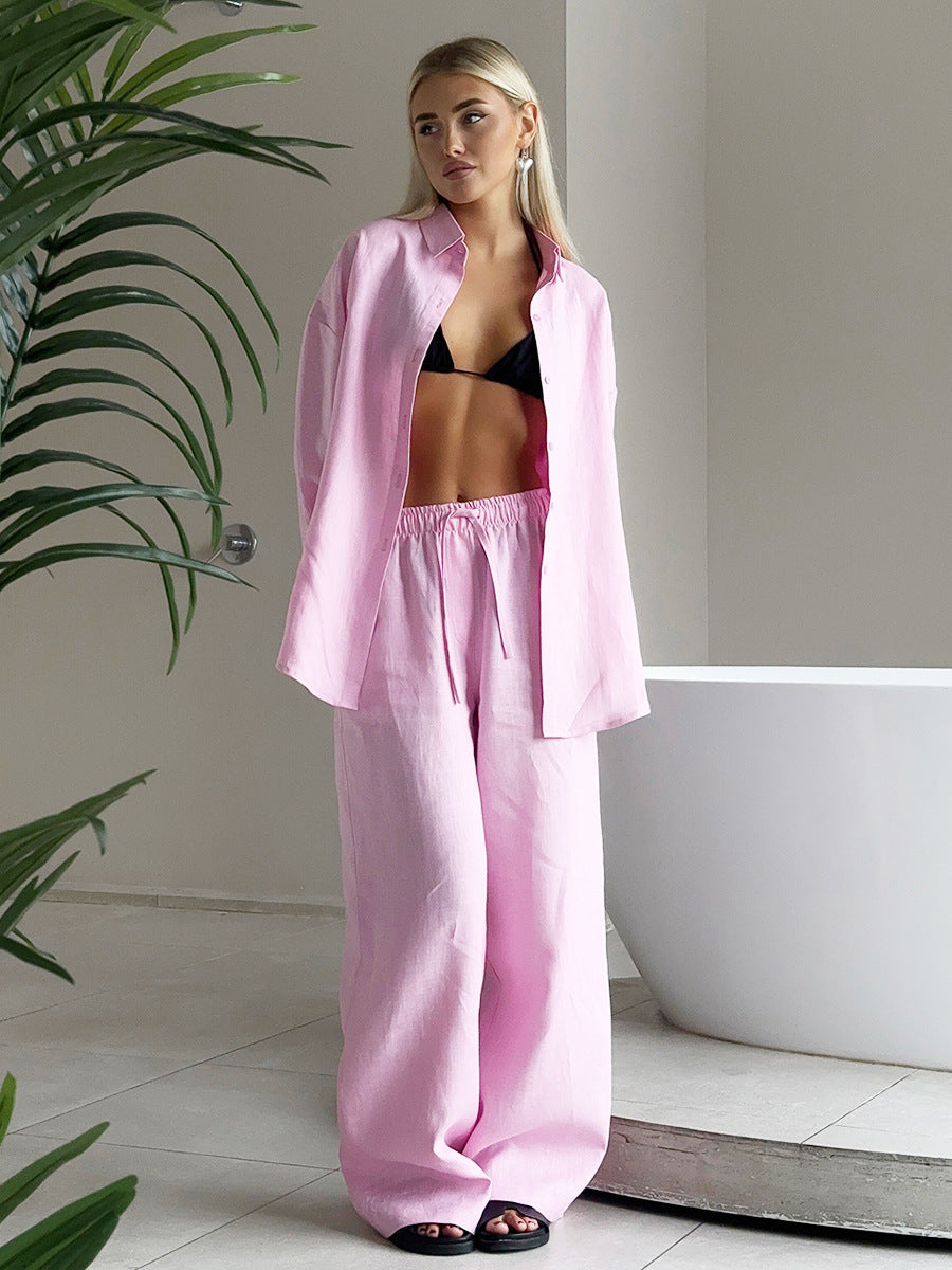 Cotton Shirt Trousers Spring Summer Loose Long Sleeve Shirt Casual Two Piece Sets Women