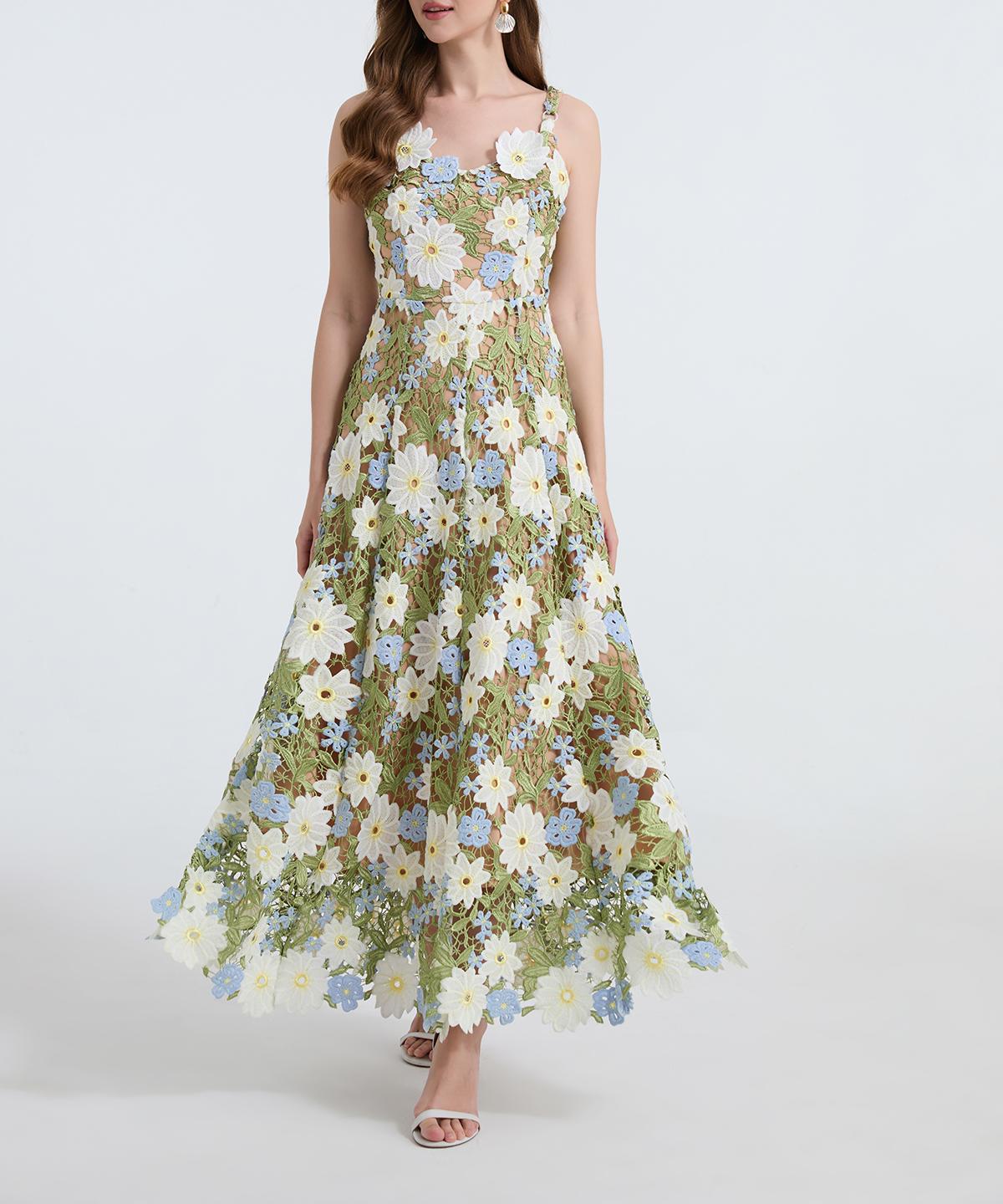 Women Summer Heavy TwoTone Water Soluble Lace Embroidery Halter Dress Sexy Cutout Swing A Line Dress