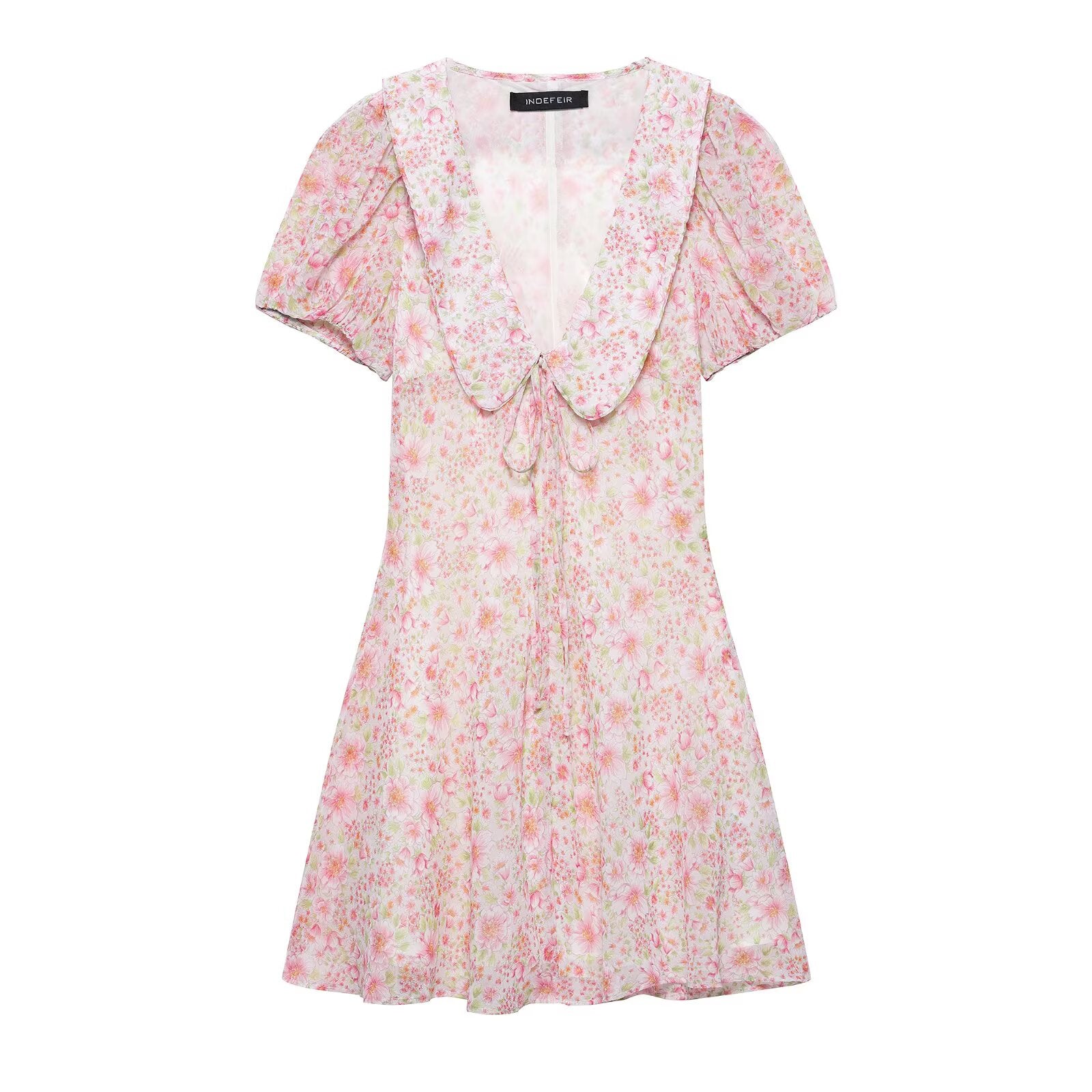 Spring Summer Women Clothing Slim Fit Sweet Simple V neck Short Sleeve Floral Print Dress