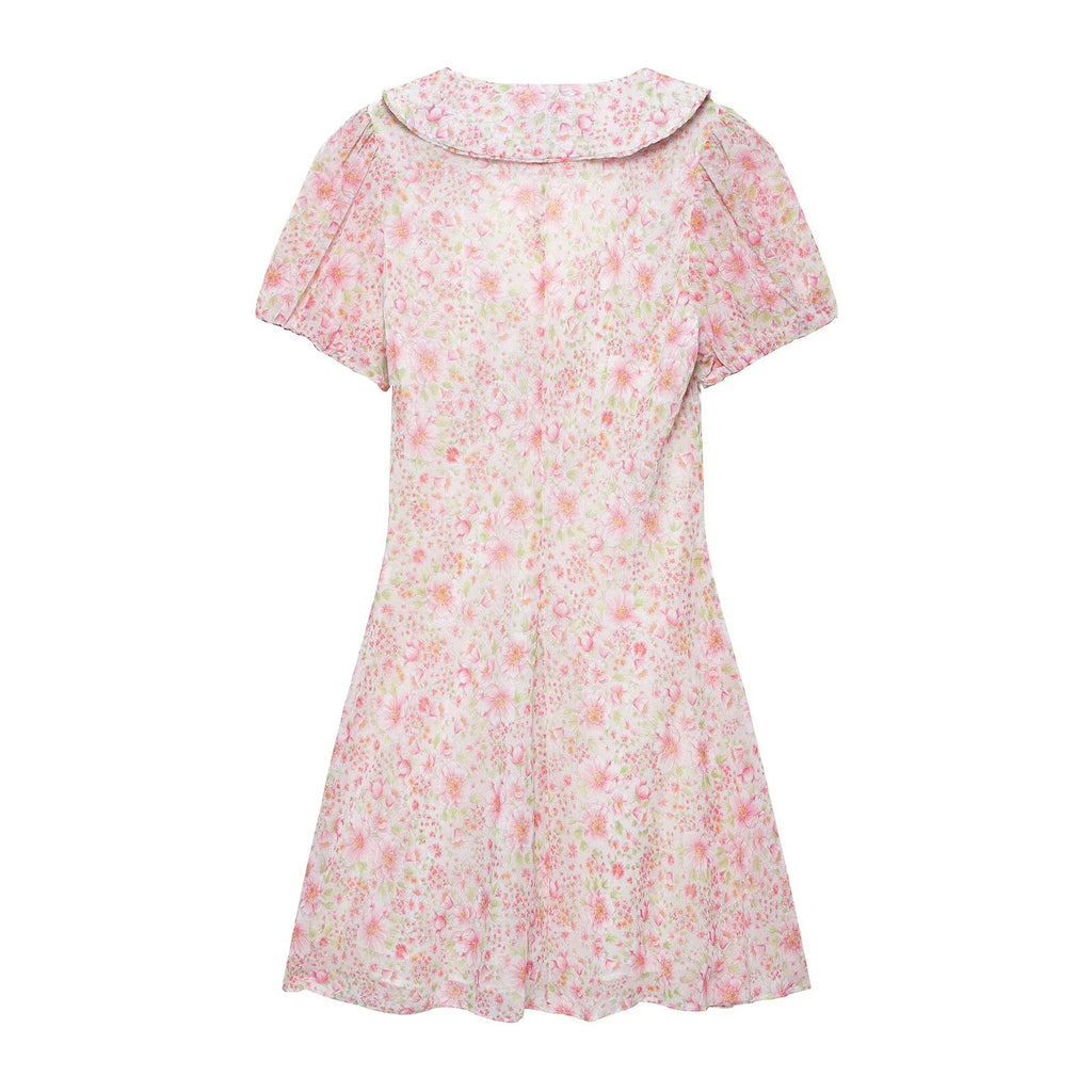 Spring Summer Women Clothing Slim Fit Sweet Simple V neck Short Sleeve Floral Print Dress