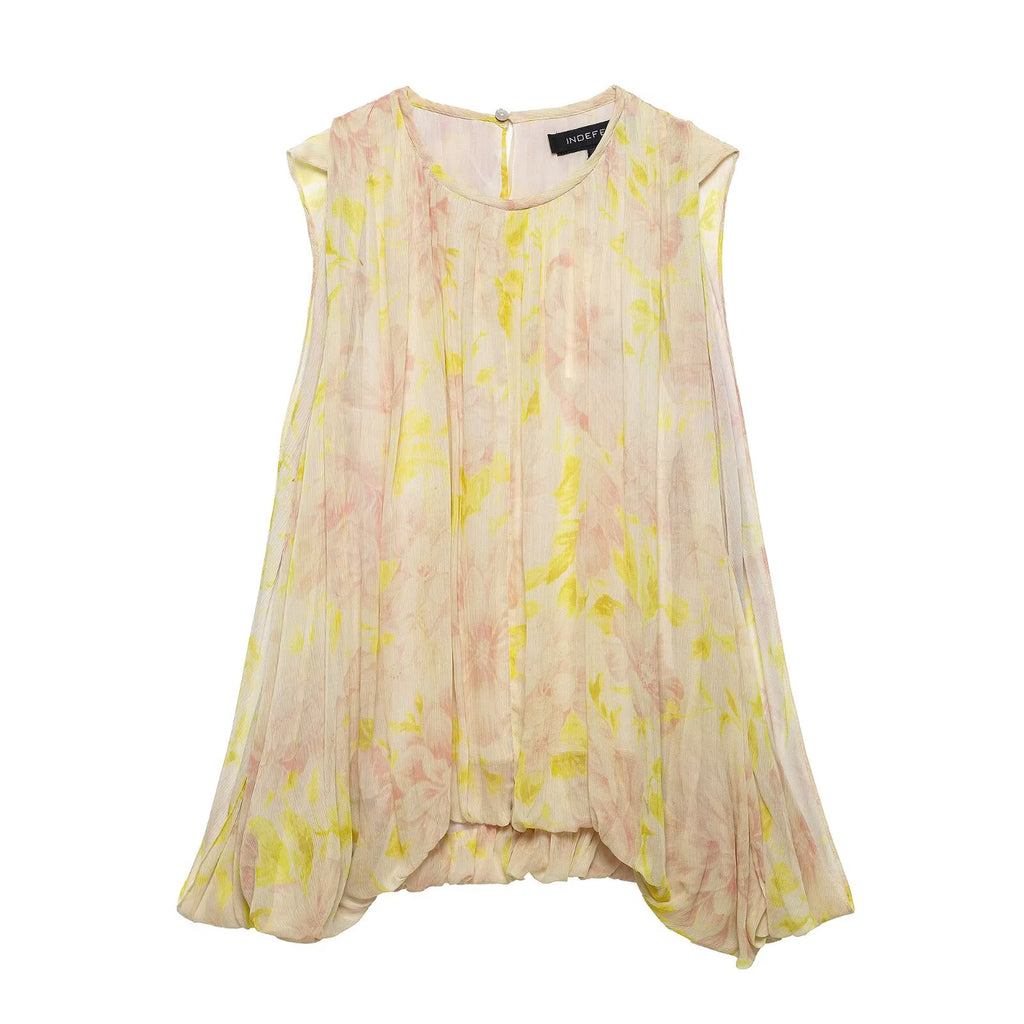 Spring Summer Women Loose Casual Laid Back round Neck Sleeveless Printed Design Shirt