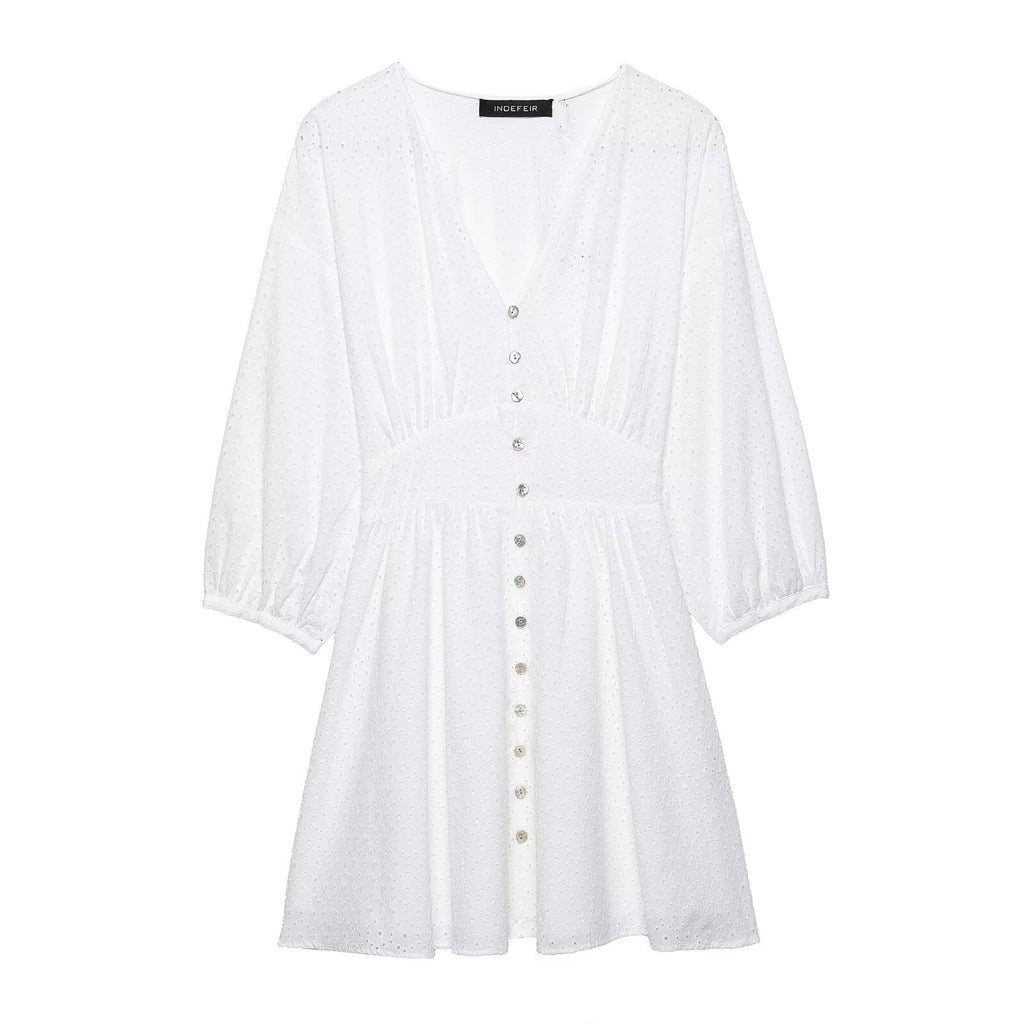 Texture Long Sleeve Waist Draping Effect White Dress Women