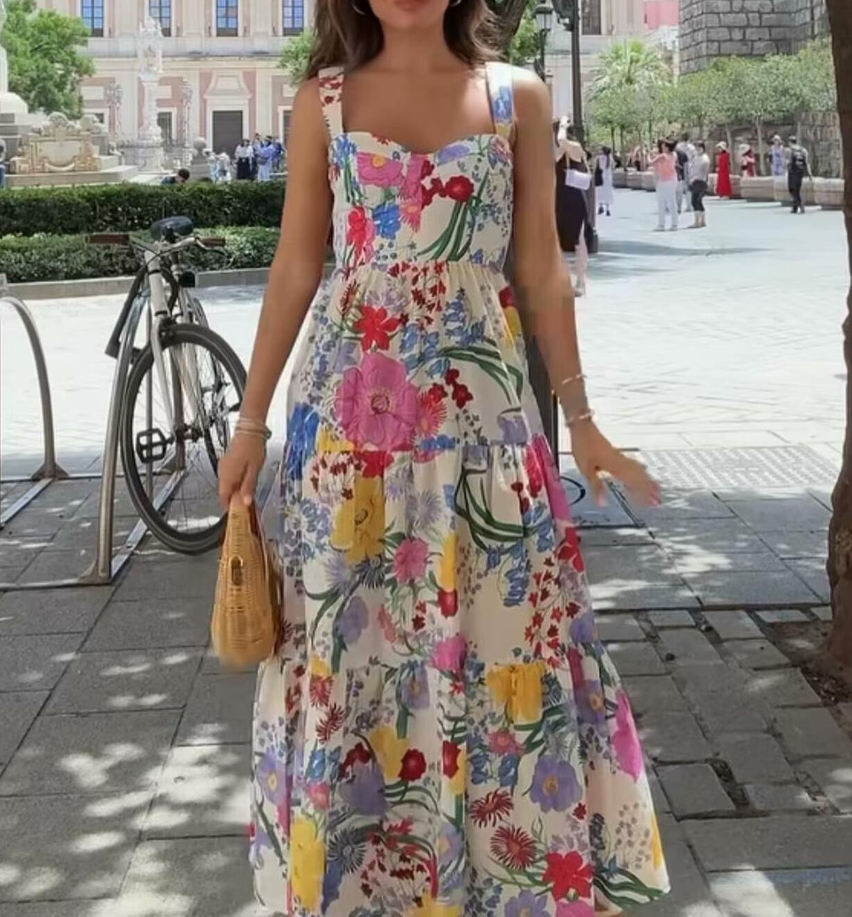 Women Summer Floral Print Slim Strap Dress