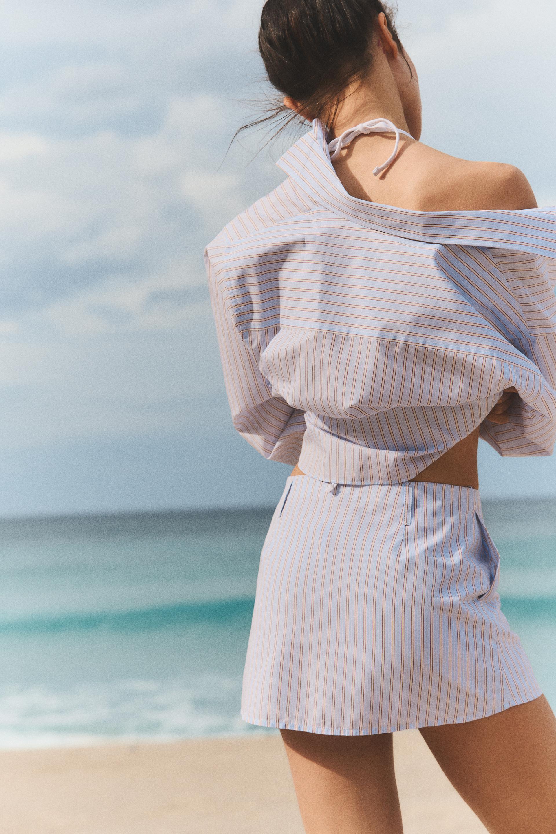 Women Clothing Summer Loose Poplin Striped Shirt Short Skirt Outfit Women