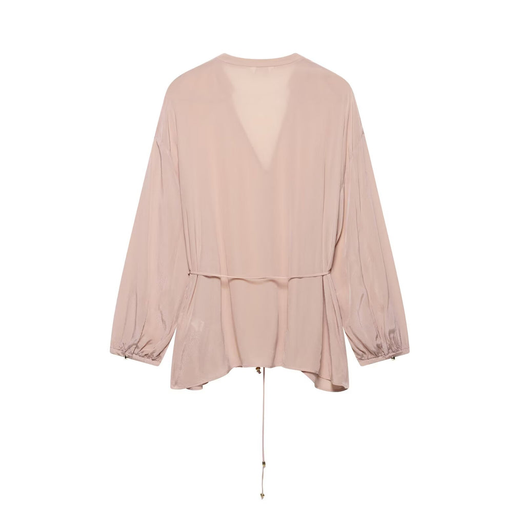 Women Clothing Thin Belt Linen Shirt