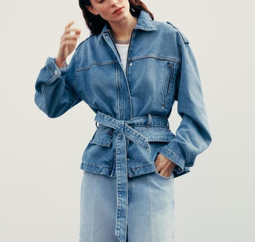 Spring Summer Women Clothing Commuting Lace up Denim Shacket