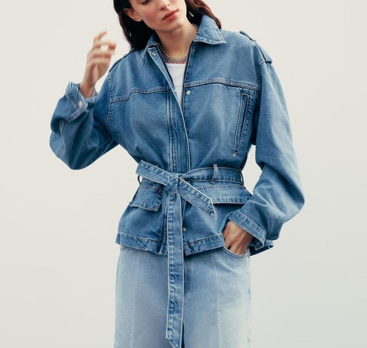 Spring Summer Women Clothing Commuting Lace up Denim Shacket