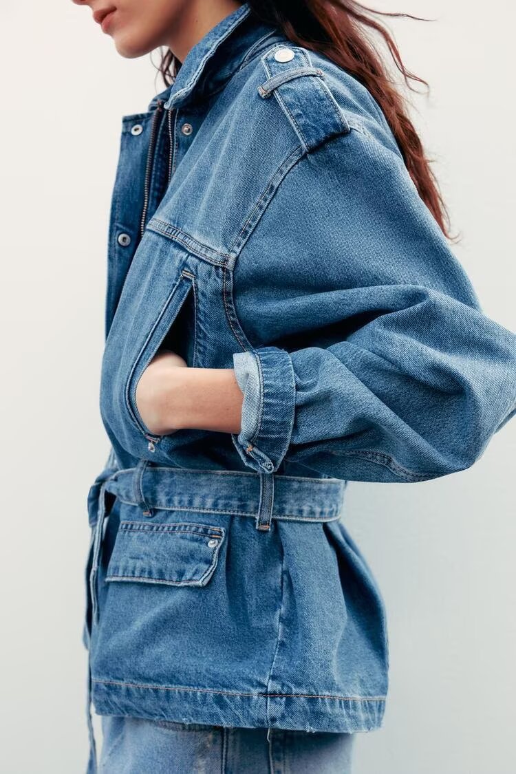 Spring Summer Women Clothing Commuting Lace up Denim Shacket