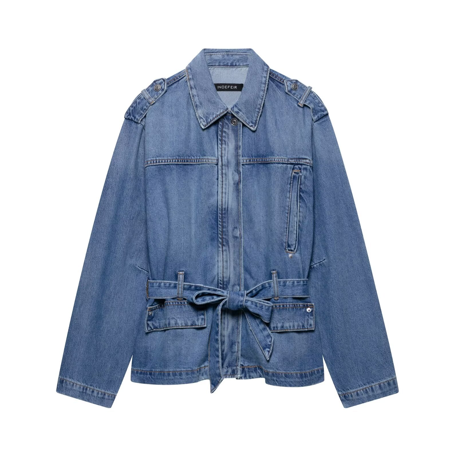 Spring Summer Women Clothing Commuting Lace up Denim Shacket