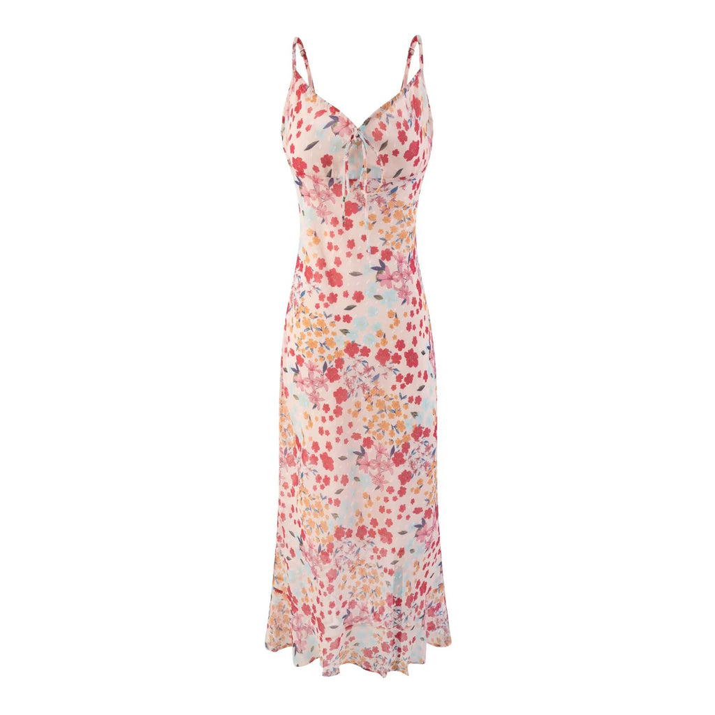 Summer Floral Print High Waist Slim Fit One Step Mid Length Dress