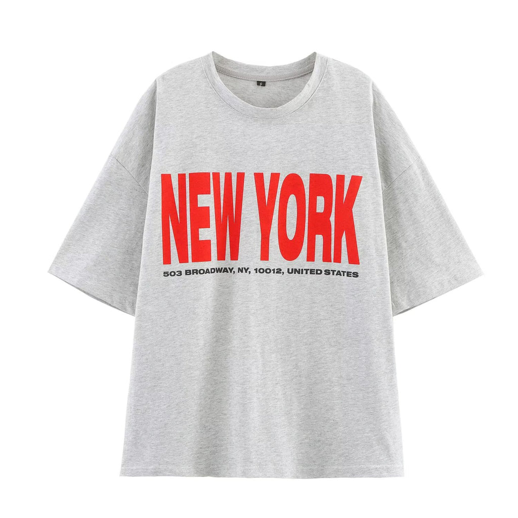 Women Clothing Summer Letter Graphic Print Loose round Neck Short Sleeve