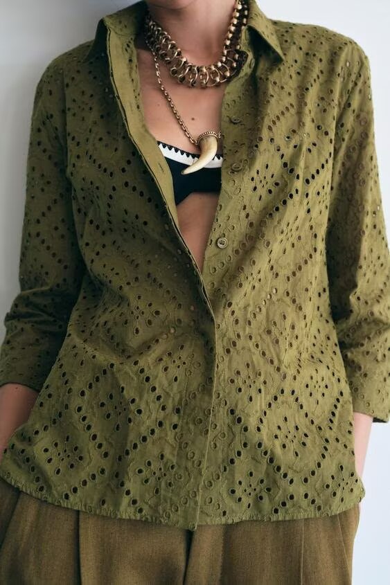 Spring Summer Women Casual Long Sleeve Solid Color Hollow Out Cutout Embroidered Shirt