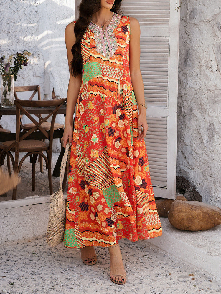 Spring Summer Printed Contrast Color Casual Vacation Sleeveless A line Dress Women Clothing