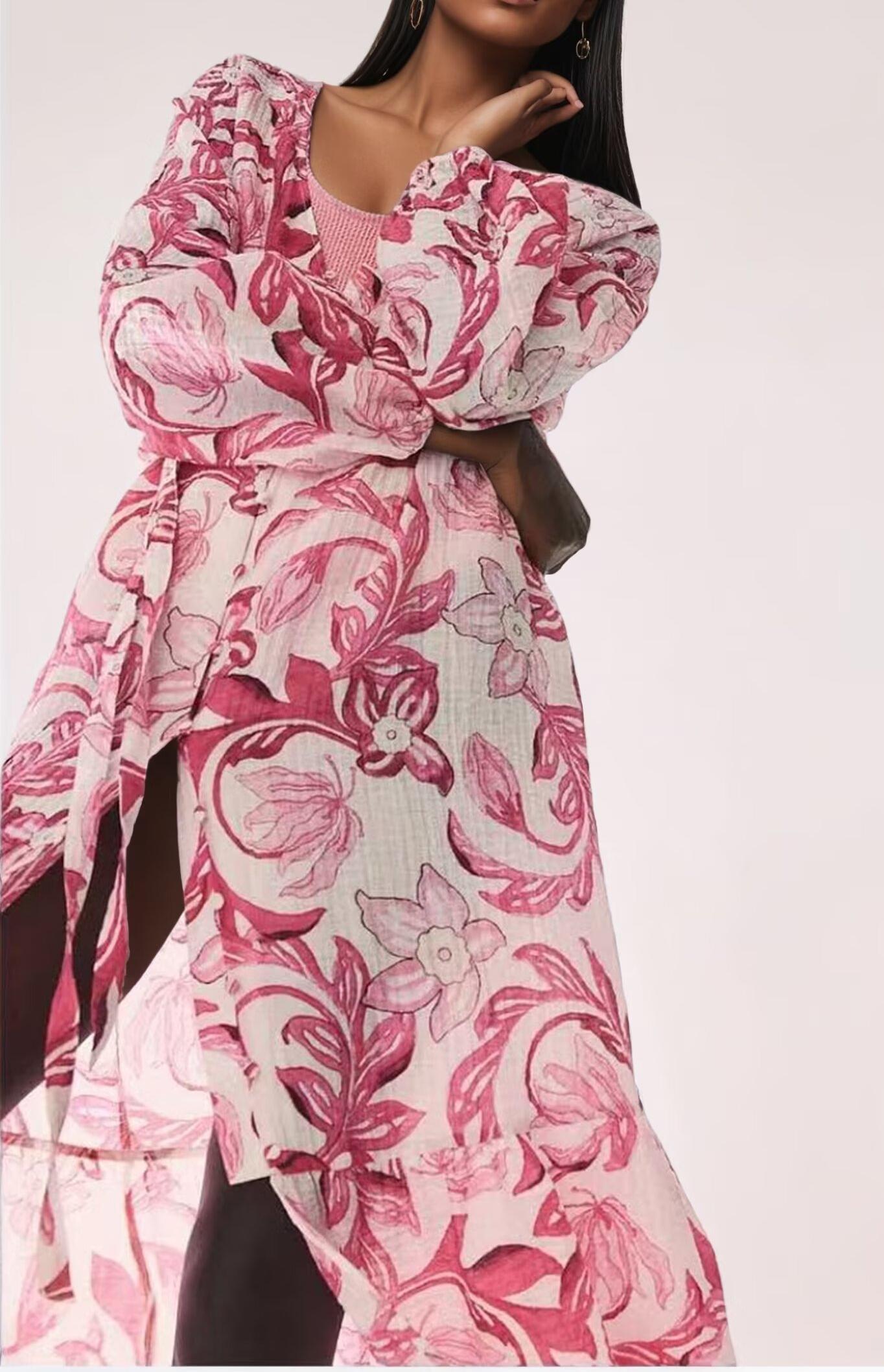 Dress Women Clothing Floral Print Cotton Water Printed Bohemian Vacation Style Belt Dress