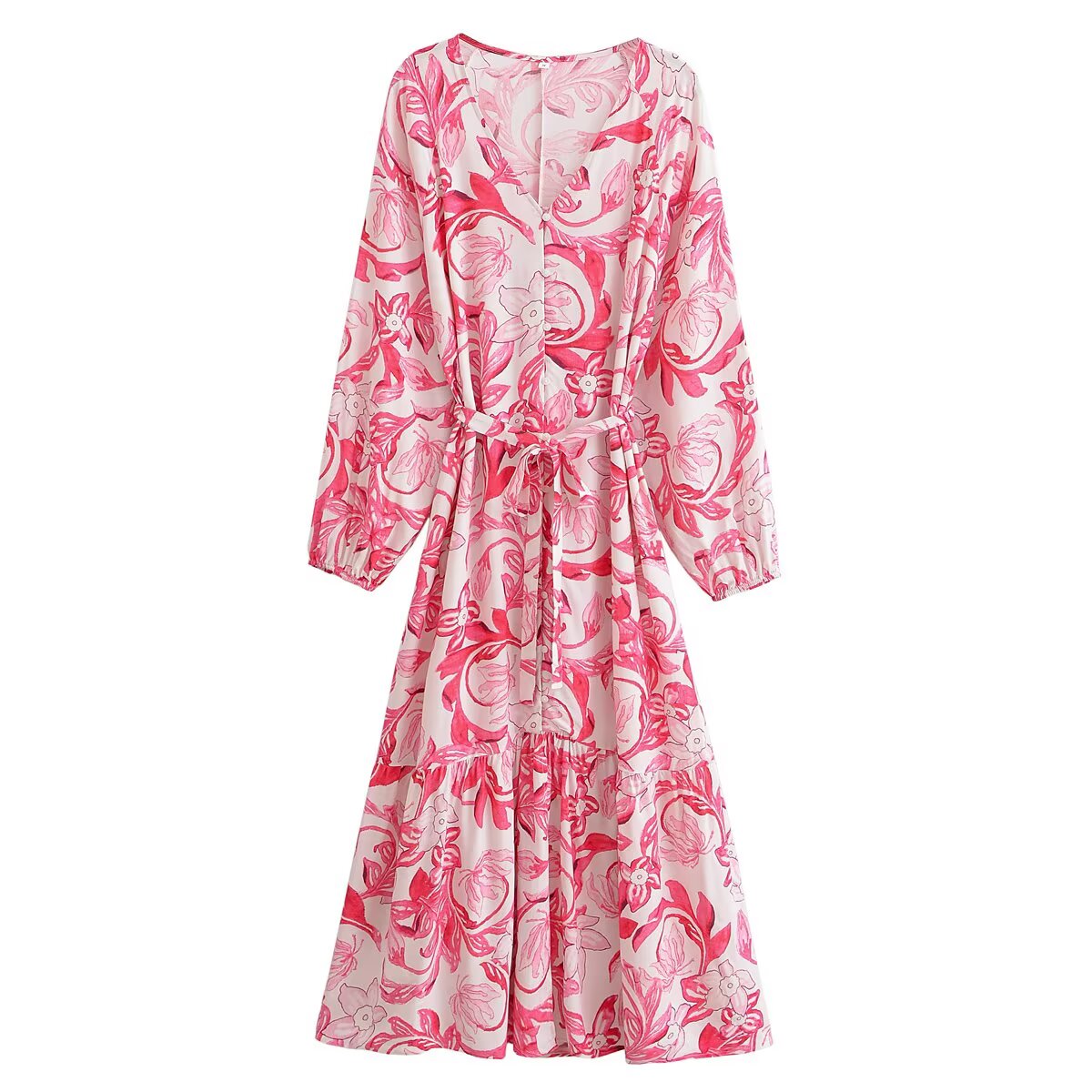 Dress Women Clothing Floral Print Cotton Water Printed Bohemian Vacation Style Belt Dress
