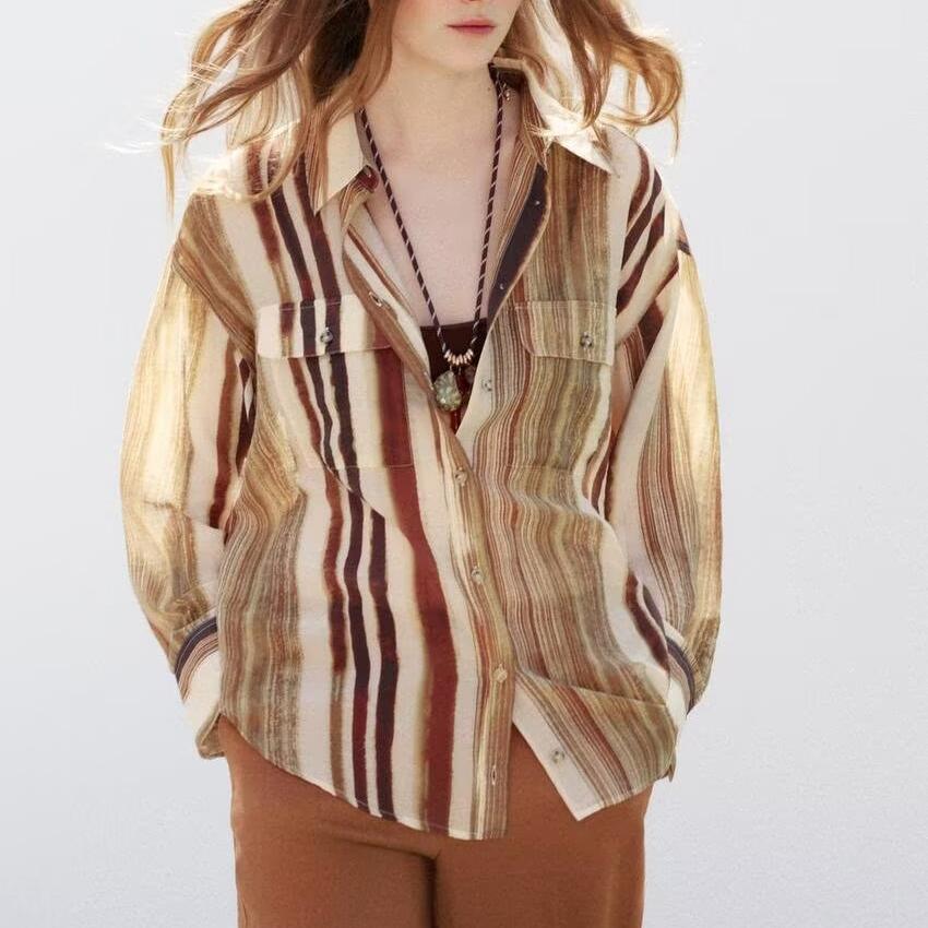 Street Casual Women Clothing Spring Loose Fitting Striped Long Sleeves Shirt