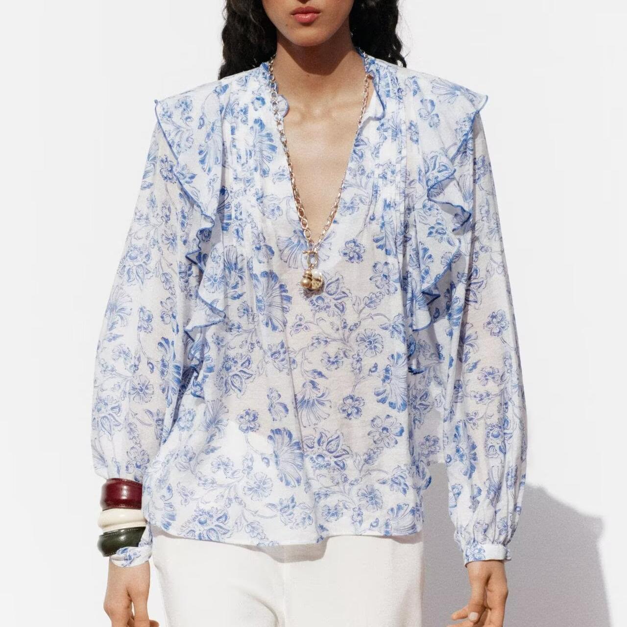 Spring Summer Frill Laminated Decoration Floral Print Shirt