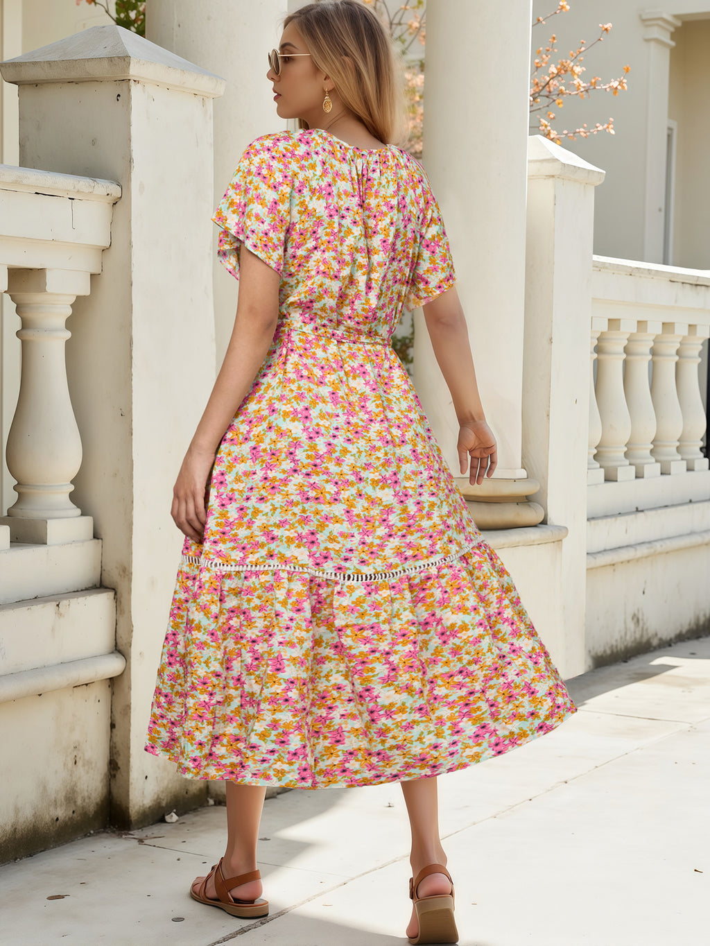 Printed Hollow Lace Patchwork Ruffle Edge Multiple Styles Wear Short Sleeved Dress