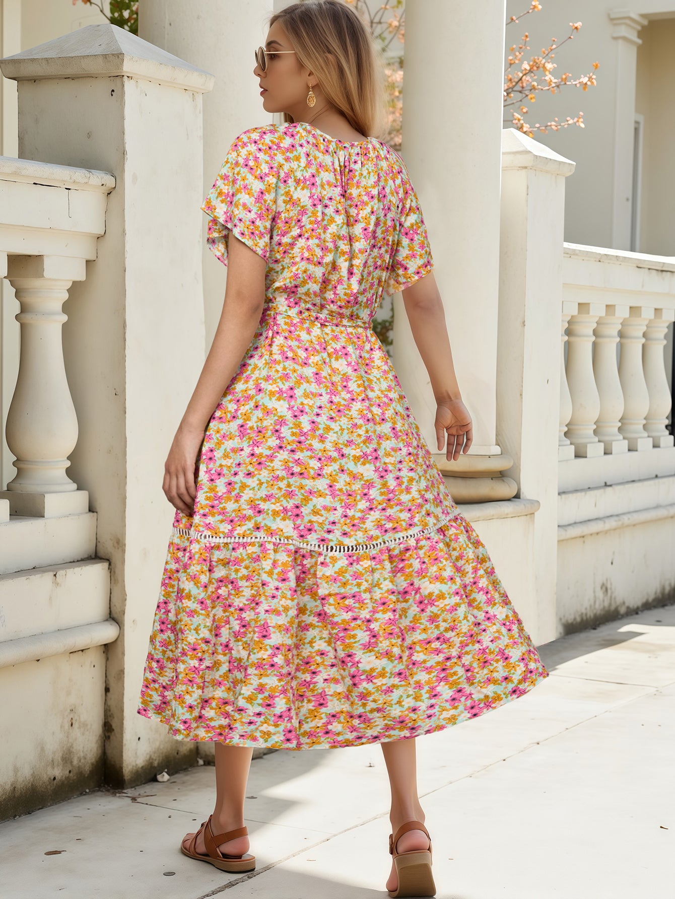 Printed Hollow Lace Patchwork Ruffle Edge Multiple Styles Wear Short Sleeved Dress