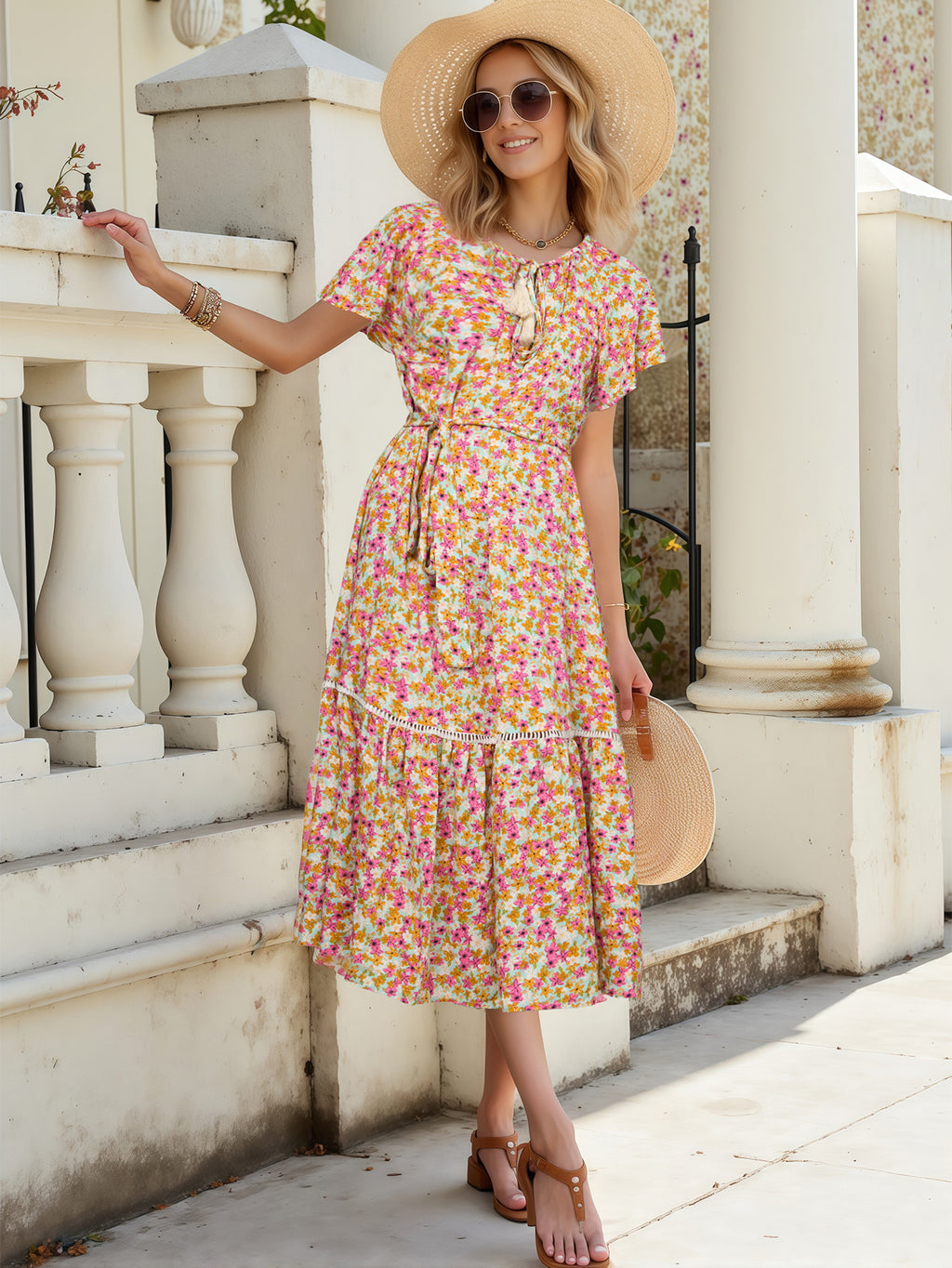 Printed Hollow Lace Patchwork Ruffle Edge Multiple Styles Wear Short Sleeved Dress