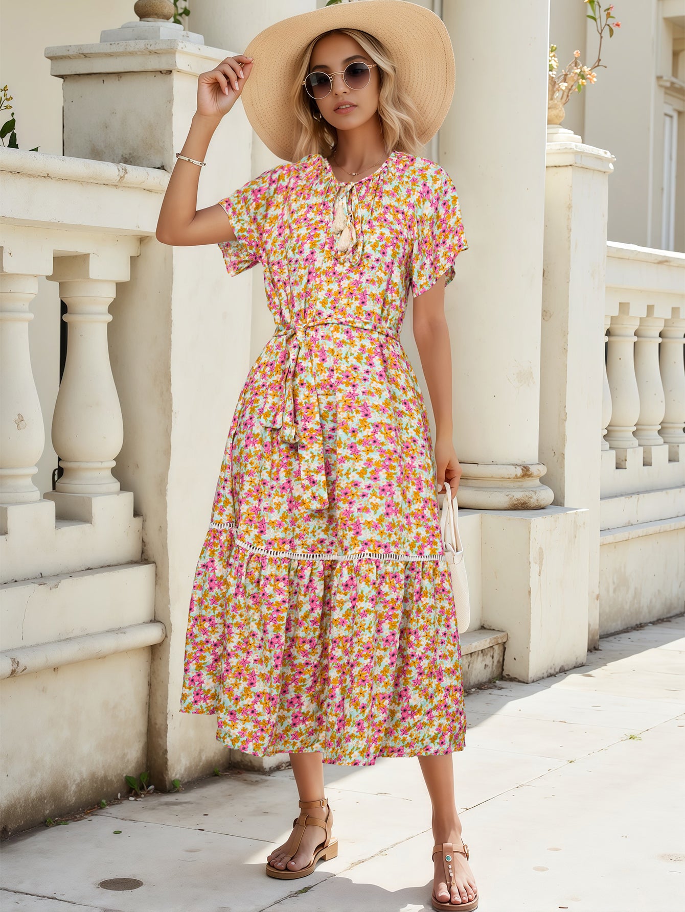 Printed Hollow Lace Patchwork Ruffle Edge Multiple Styles Wear Short Sleeved Dress