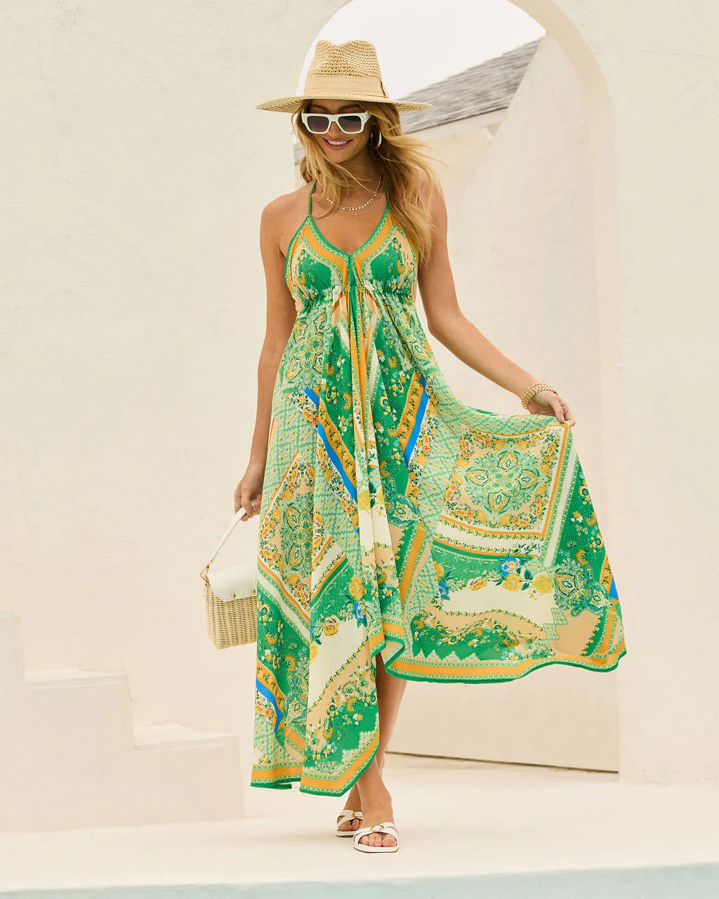 Spring Summer off the Shoulder V neck Women Clothing Spaghetti Strap Floral Print Fairy Long Elegant Dress Large Swing Dress