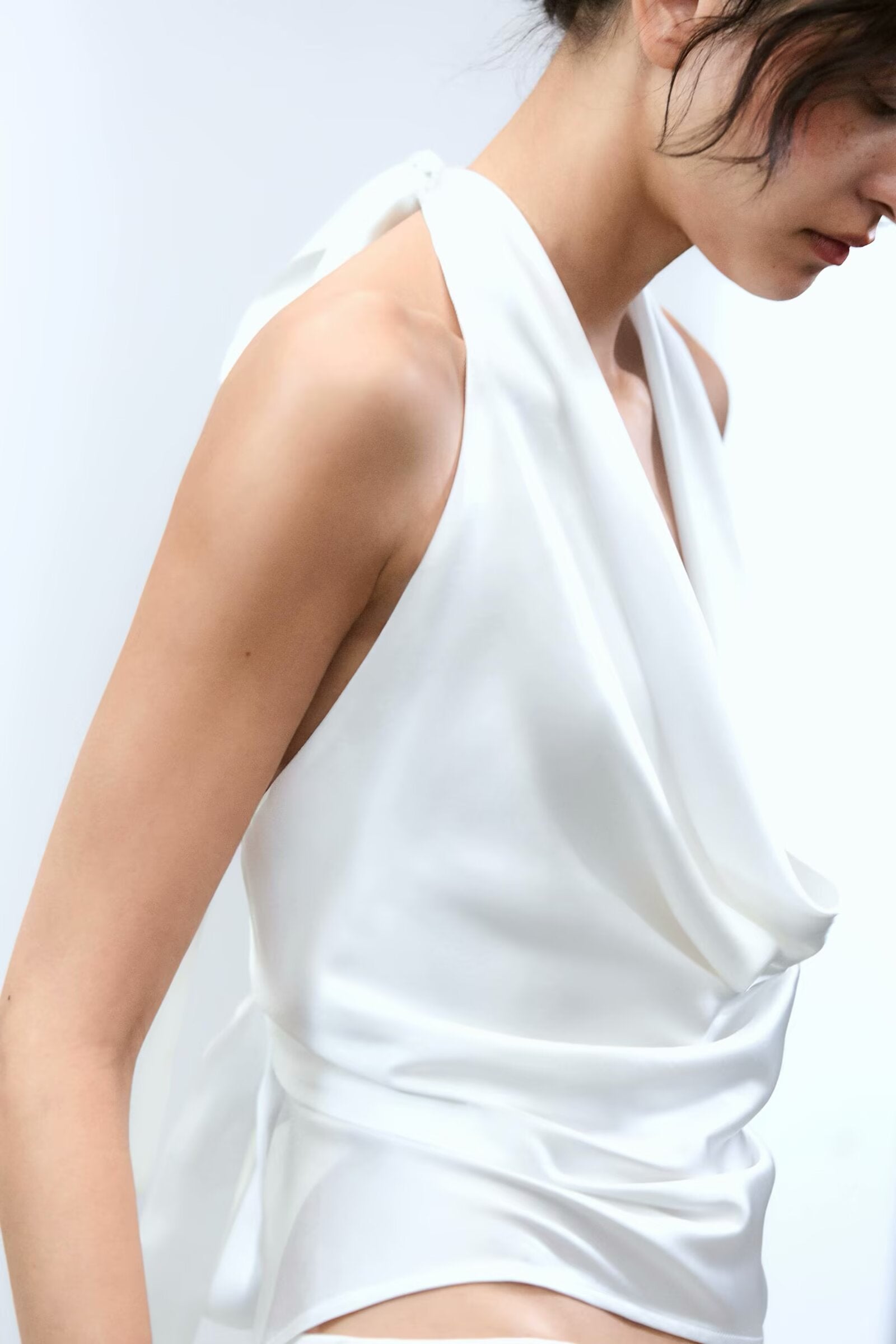 Spring Summer Women Sexy Hanging Collar Silk Satin Textured Top