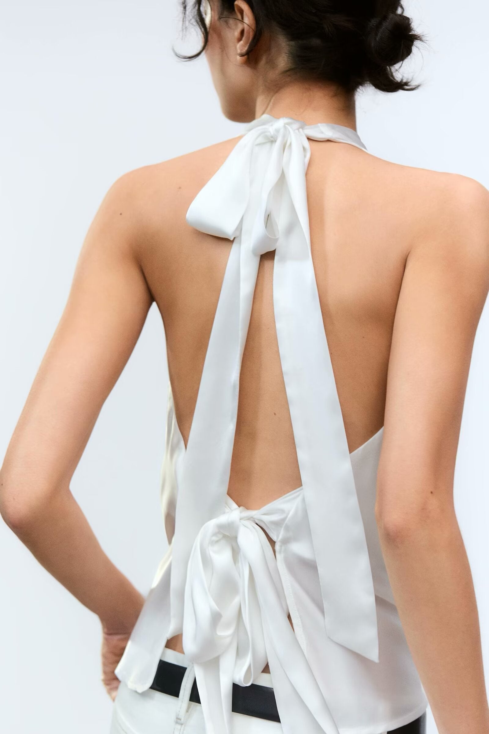 Spring Summer Women Sexy Hanging Collar Silk Satin Textured Top