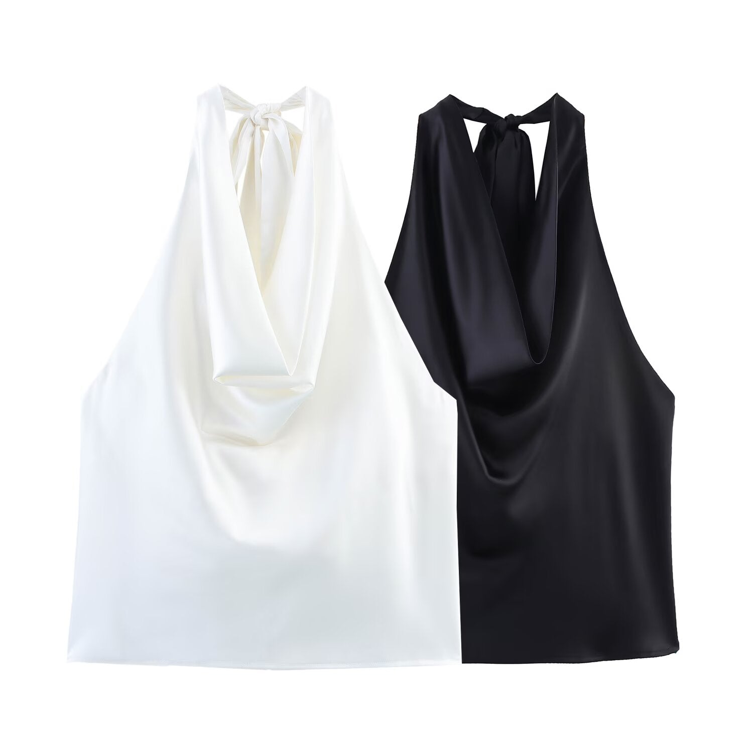 Spring Summer Women Sexy Hanging Collar Silk Satin Textured Top