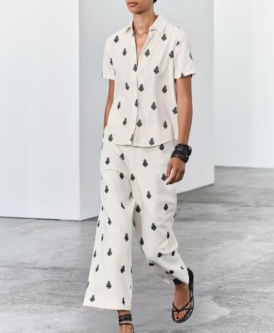 Women Clothing Summer Embroidered Shirt Contrast Color Embroidered Pants Sets