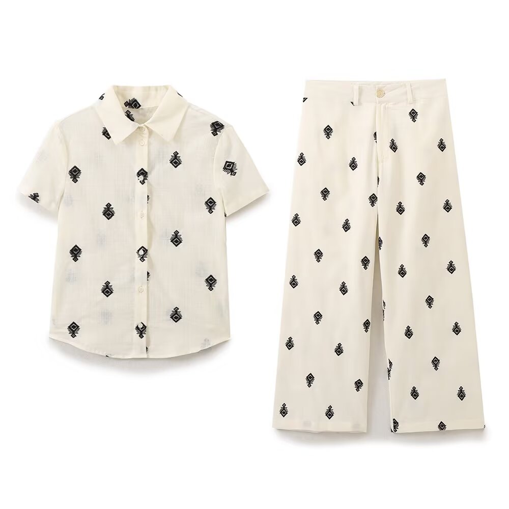 Women Clothing Summer Embroidered Shirt Contrast Color Embroidered Pants Sets