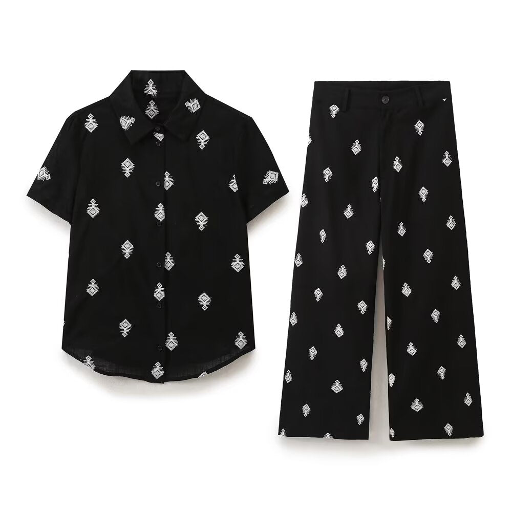Women Clothing Summer Embroidered Shirt Contrast Color Embroidered Pants Sets
