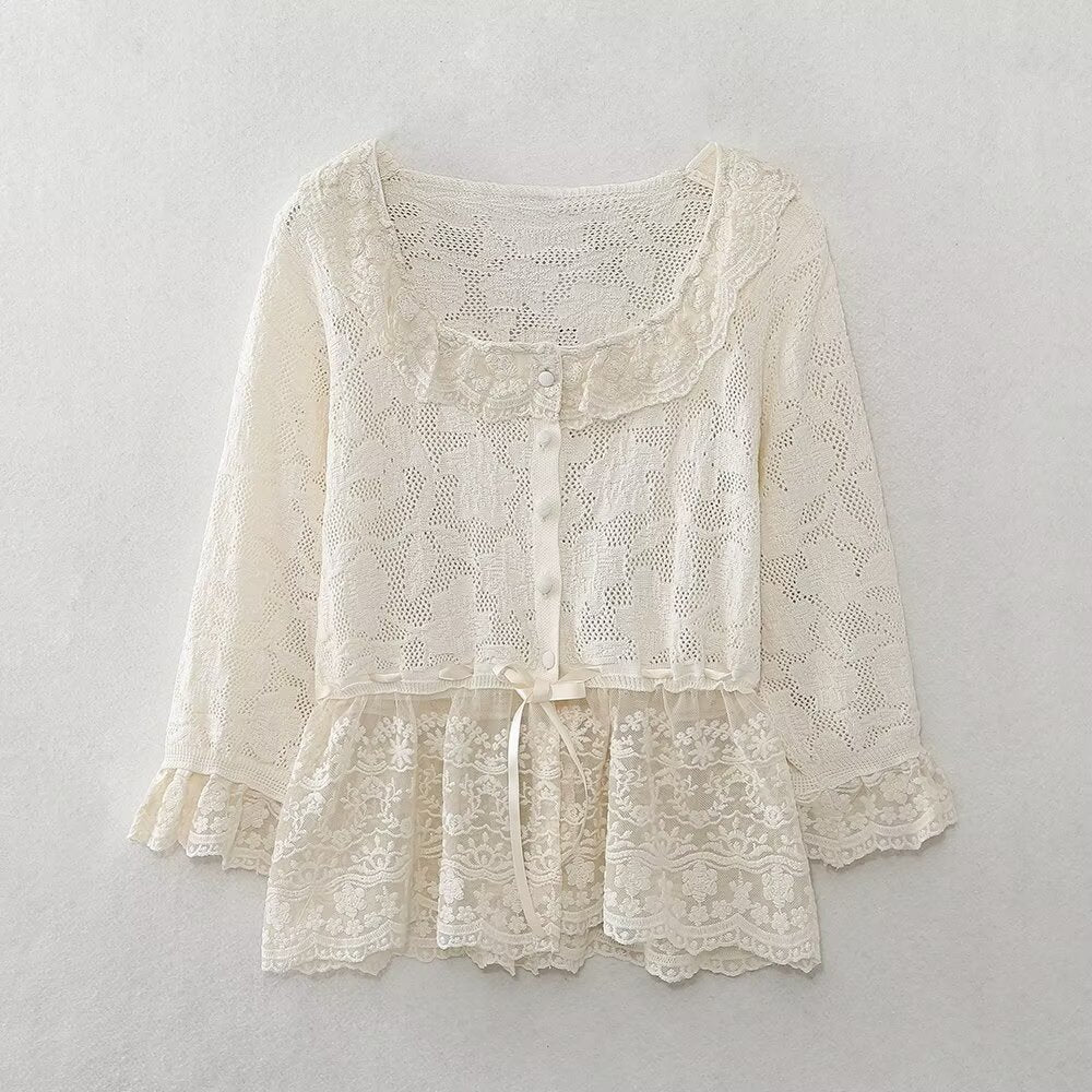 Spring Women Clothing Fashionable All Match Lace Decorative Knitted Top