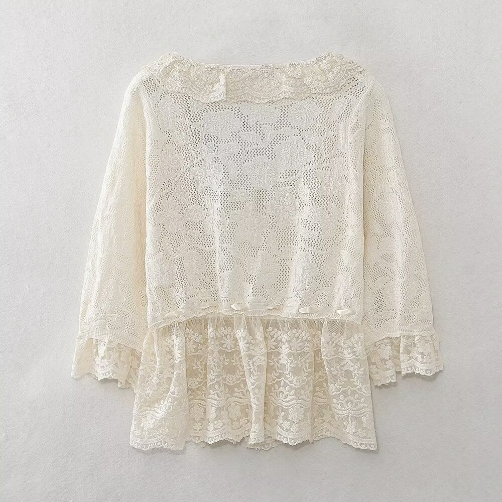 Spring Women Clothing Fashionable All Match Lace Decorative Knitted Top