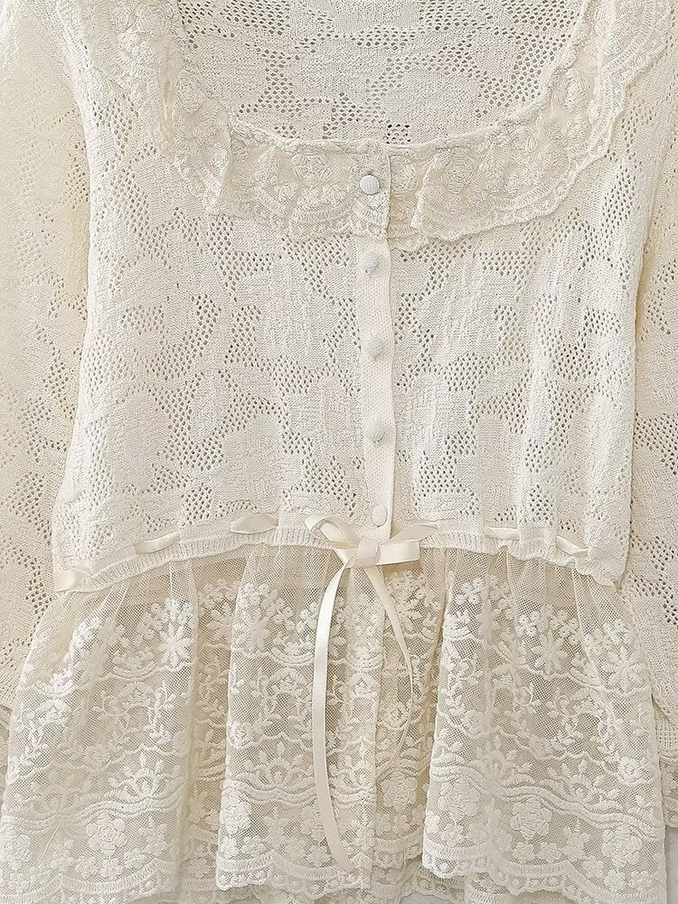 Spring Women Clothing Fashionable All Match Lace Decorative Knitted Top