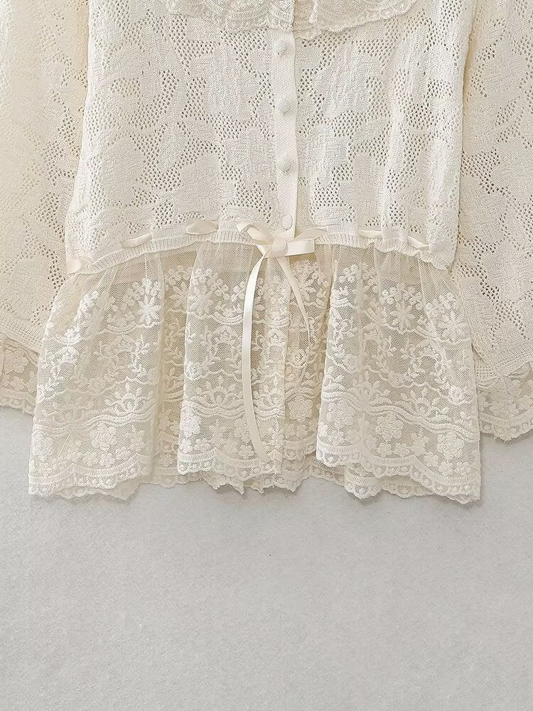 Spring Women Clothing Fashionable All Match Lace Decorative Knitted Top
