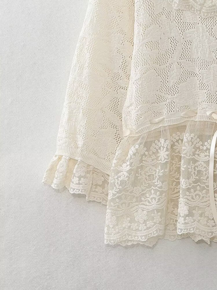 Spring Women Clothing Fashionable All Match Lace Decorative Knitted Top